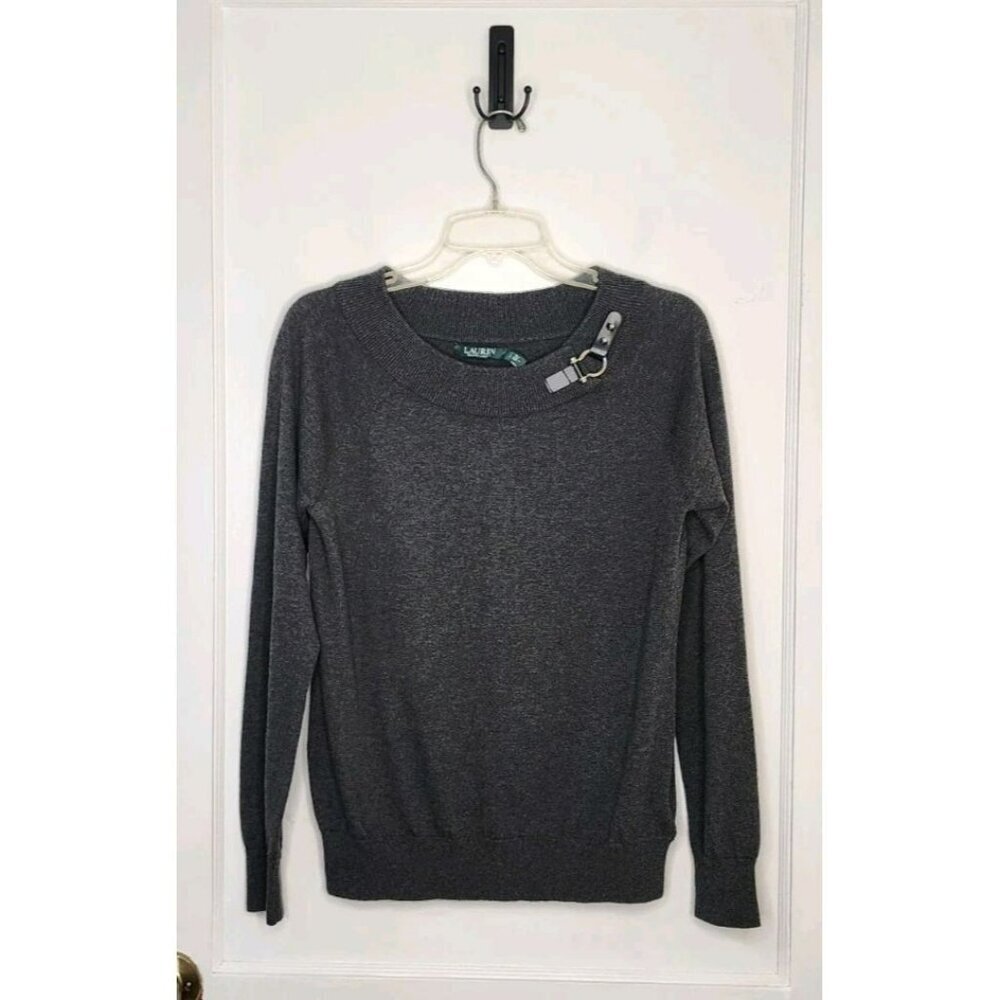 NWT Lauren Ralph Lauren Women's Faux Leather Buckle Cotton Sweater Grey Size L